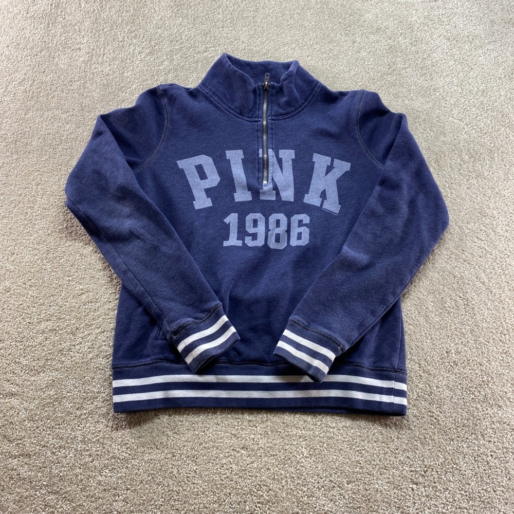 PINK Victoria's Secret Quarter Zip Pullover Womens Small Blue Excellent Striped